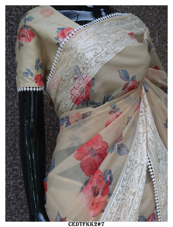 Beige  Roses , Chikankari Embroidered Digital Printed Organza Saree with Blouse Piece-KIAA001OSB