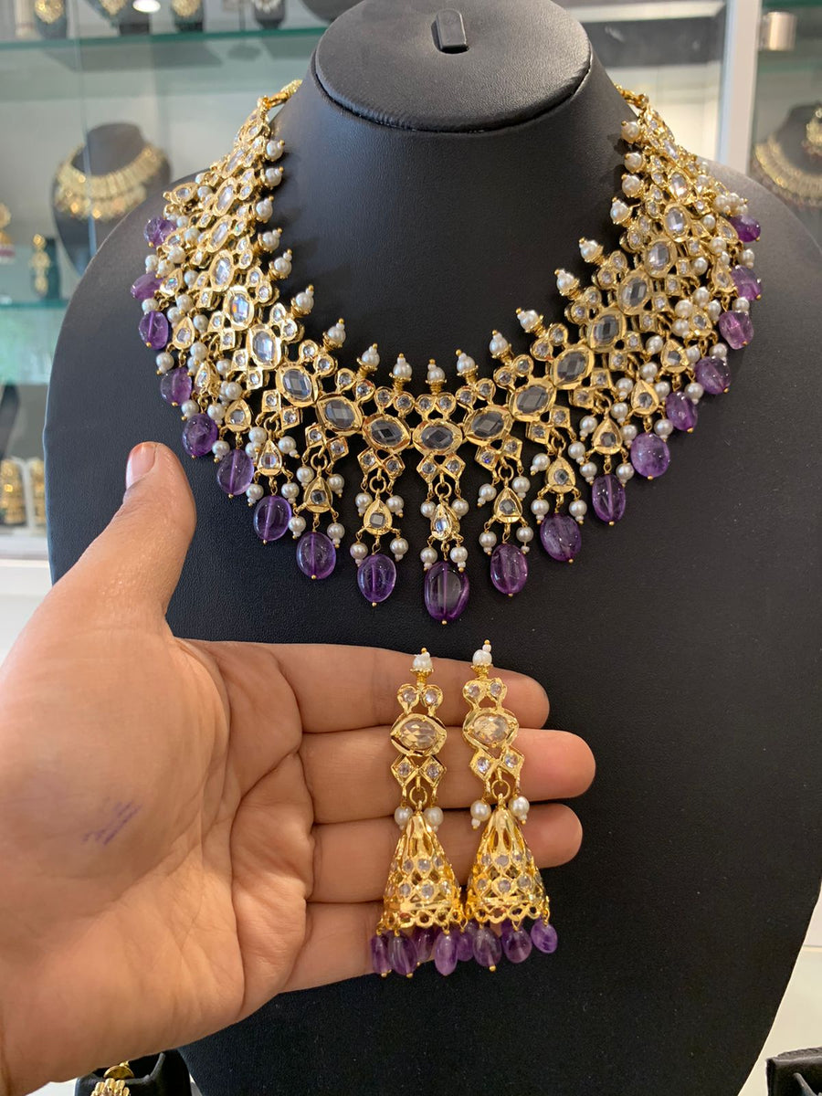 Jodha Violet shade beads hanging Necklace Set for women -HYD001VB