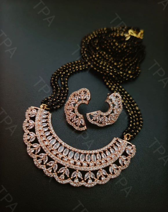 Trendy American Diamond Broad Rose gold Pendant with 4 line Mangalsutra-KARTI001MSRG