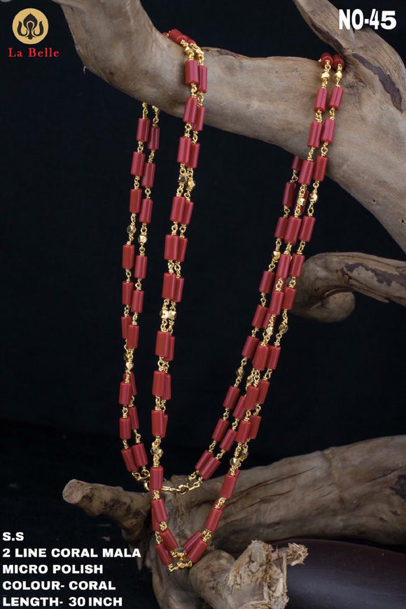 30 INCHES GOLD PLATED 2 LINE CORAL CHAIN/MALA FOR WOMEN