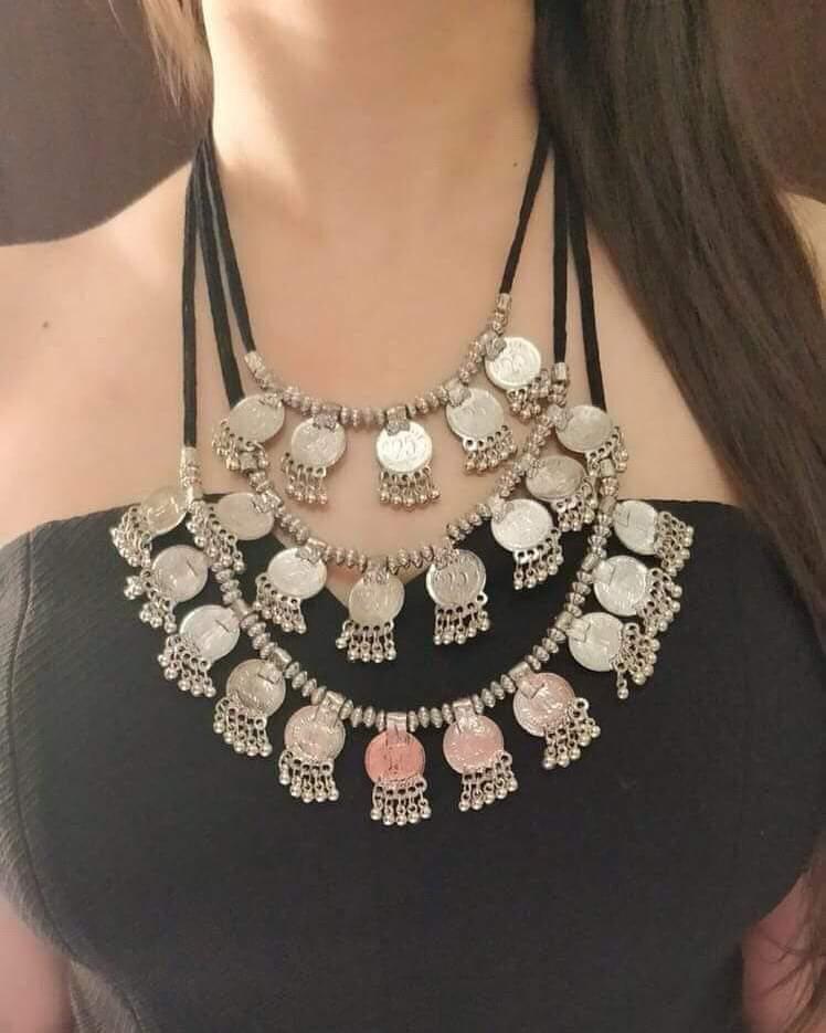 SHIVANGI LAYERED COIN OXIDISED SILVER NECKLACE FOR WOMEN -RG399