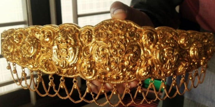 NAKSHI WORK GOLD PLATED SILVER ODDYANAM OR HIPBELT FOR WOMEN