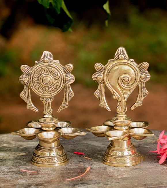 Set of 2 , Elegant Shankh Chakra 5 Wick Oil Lamps -MK001SC