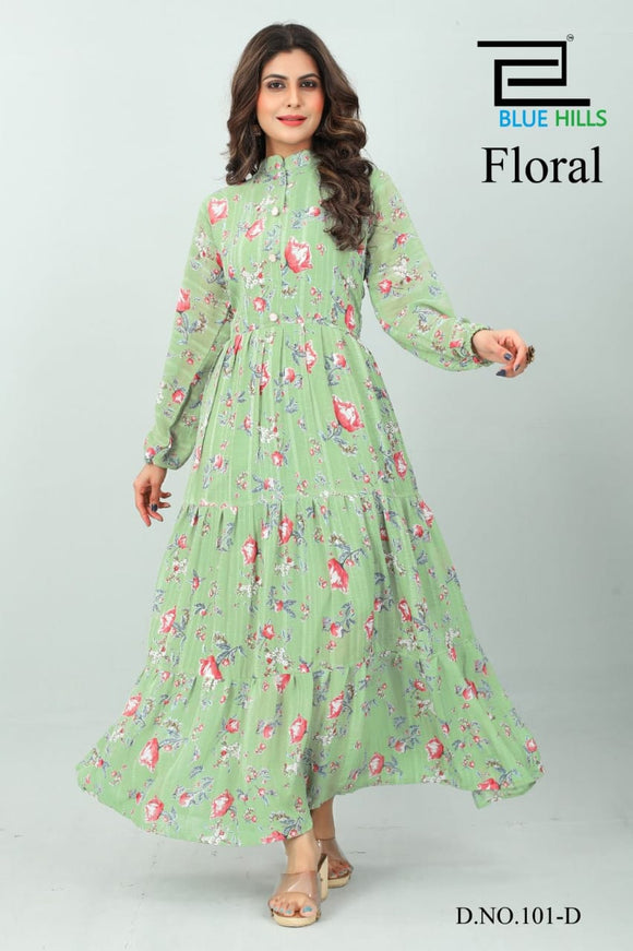Blue Hills , Pastel Green Floral Chiffon Full Length Gown for Women -OM001FLPG