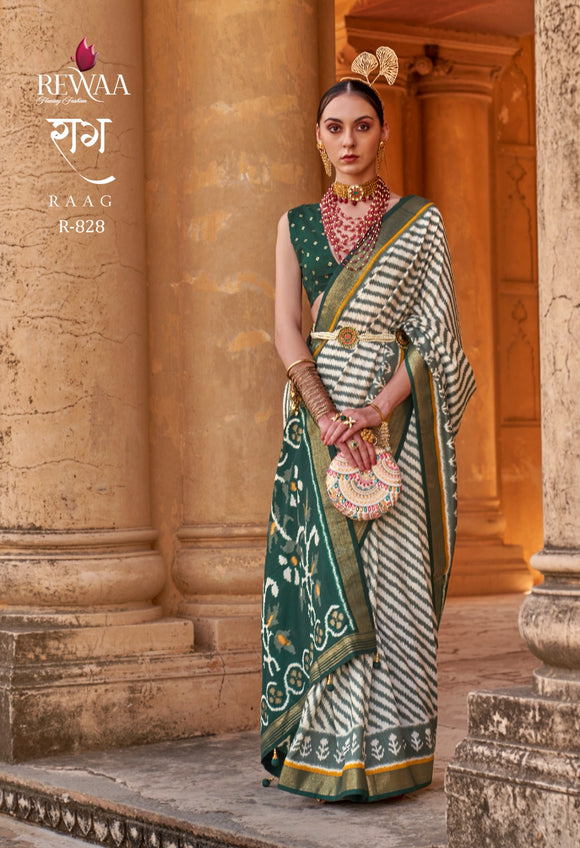 Green and white Beautifully Designed Patola Soft Silk Saree For Women -OM001PSE