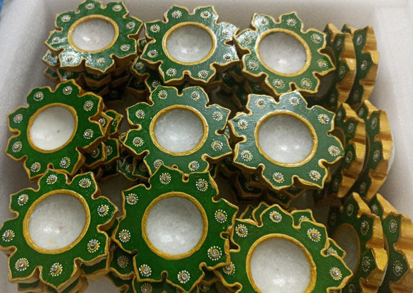 Set of 11 , Green Painted Marble Diyas  for Festival Decoration-MK001MD