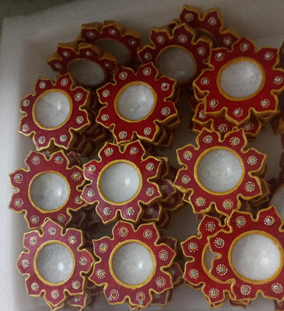 Set of 11 , Red Painted Marble Diyas  for Festival Decoration-MK001MDR