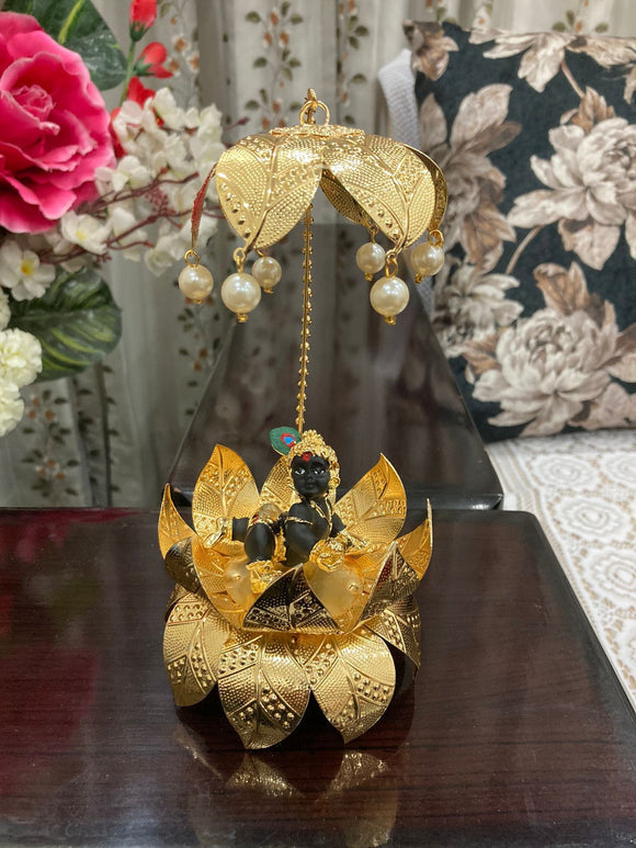 24 kt Gold Plated Ladoo Gopal on lotus with chatter  with antique finish in velvet box-USS001F