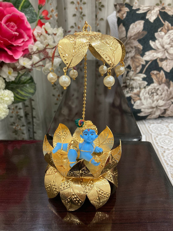 24 kt Gold Plated Ladoo Gopal on lotus with chatter  with antique finish in velvet box-USS001E