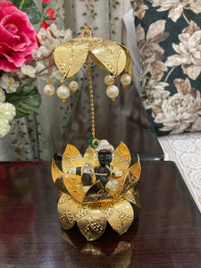 Silver Plated Ladoo Gopal on lotus with chatter  with antique finish in velvet box-USS001G