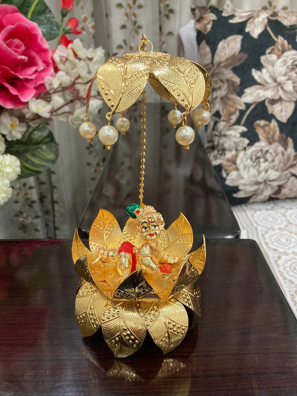 24kt Gold  Plated Ladoo Gopal on lotus with chatter  with antique finish in velvet box-USS001A