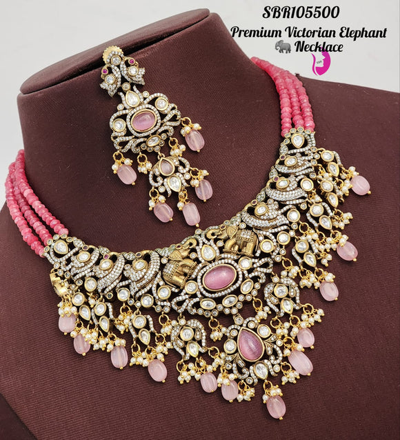 Pastel Pink  Beads Victorian Elephant Design Choker Necklace Set for Women -SAY001VAP