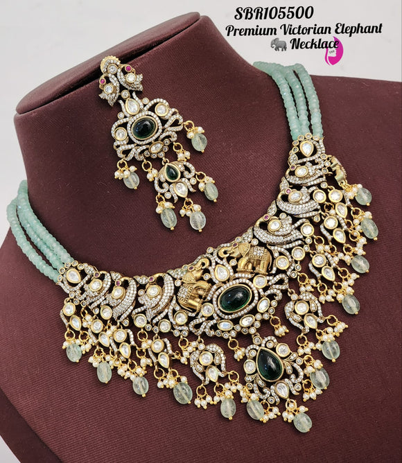 Pastel Green Beads Victorian Elephant Design Choker Necklace Set for Women -SAY001VA