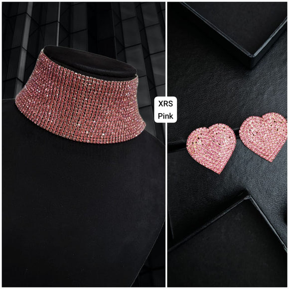 Pink Sonakshi Heart Studs and Stone Studded Broad Choker Set for Women -MG001PC