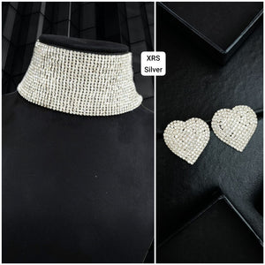 Silver  Sonakshi Heart Studs and Stone Studded Broad Choker Set for Women -MG001SC