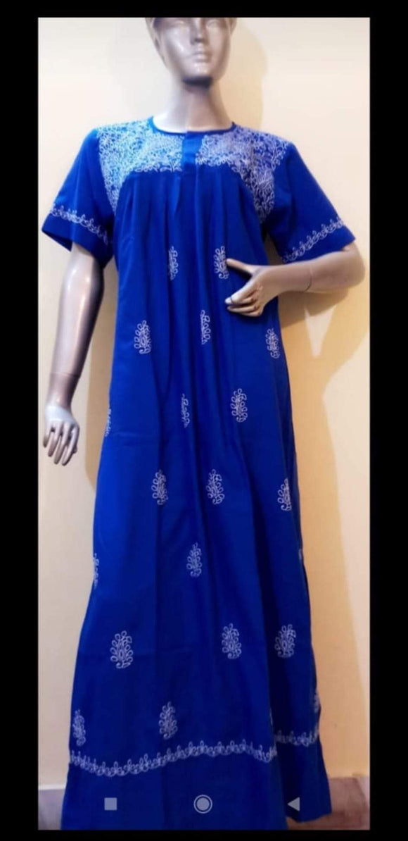 Indigo Blue Shade Cotton Chikankari A-Line Nighty for Women -MADH001IB