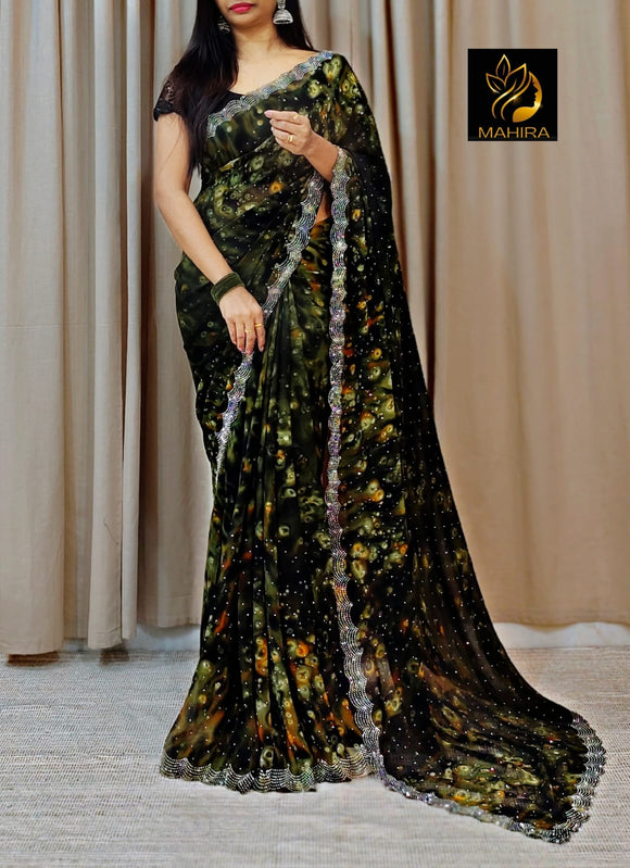 Beautiful light weight Georgette saree with all over heavy beads work along with cut work border-TREND001SC