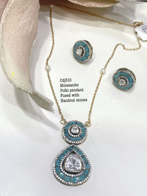 Pastel Blue Moisaanite Polki Pendant with Uncut Stones Pendant Set with Chain for Women -MOE001UPA