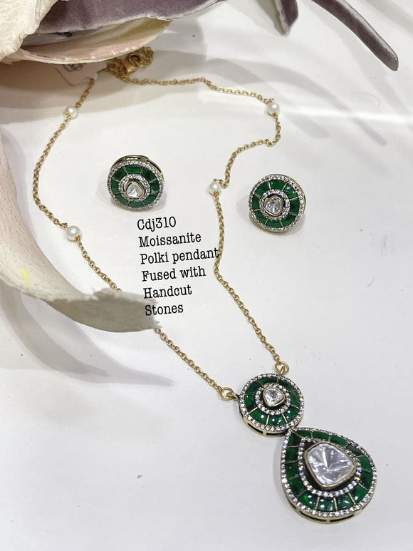 Jade Green  Moissanite Polki Pendant with Uncut Stones Pendant Set with Chain for Women -MOE001UPC