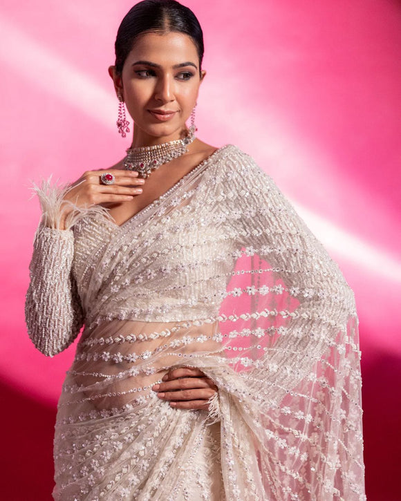 White  New Bollywood Block Buster Design  sequins Saree For Women-SS001RSW