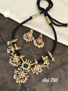 Sowgandika ,elegant matte Gold Finish Black Thread Necklace set for women -LR001BTNS