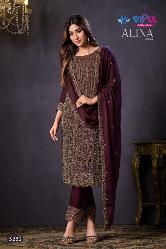 ALINA VOL-4 ,Grape wine   Shade   Semi stitch Salwar suit Material for women-SSS001SSAGW