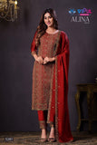 ALINA VOL-4 ,Brick Red  Shade   Semi stitch Salwar suit Material for women-SSS001SSABR