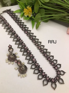 Pastel Pink Studded  Oxidized Silver Finish Long Necklace Set for Women-RITU001LPP