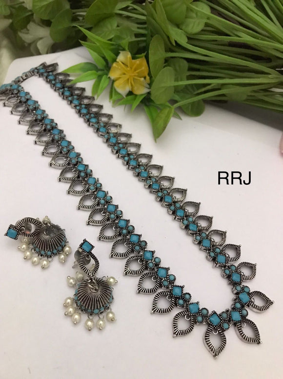 Turquoise Blue  Studded  Oxidized Silver Finish Long Necklace Set for Women-RITU001LNB