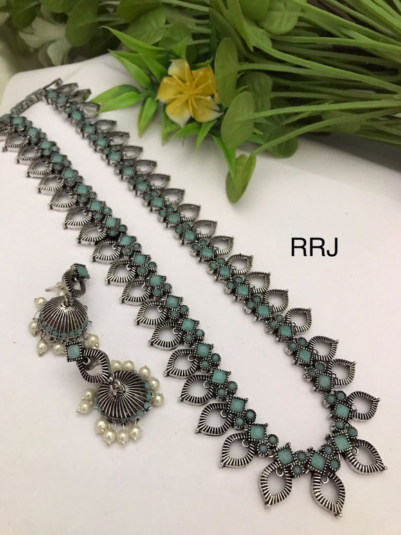 Pastel Green  Studded  Oxidized Silver Finish Long Necklace Set for Women-RITU001LPG