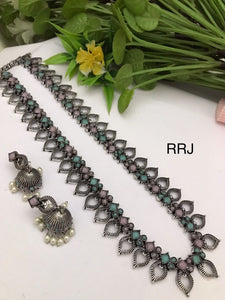 Pastel Pink and Blue stone Studded  Oxidised Silver Finish Long Necklace Set for Women-RITU001LNSA