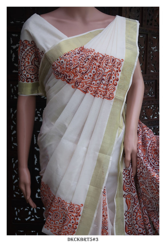 Ammini , Hand Block Printed Kerala Cotton Saree with Blouse -KIA001KSOD