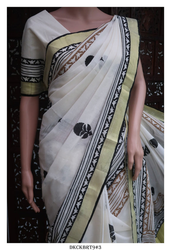 Ambili , Hand Block Printed Kerala Cotton Saree with Blouse -KIA001KSOA