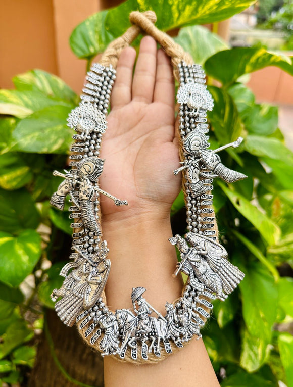 Radhika  , Exclusive long Jute Necklace With Oxidised Silver embellishments-RITU001JND