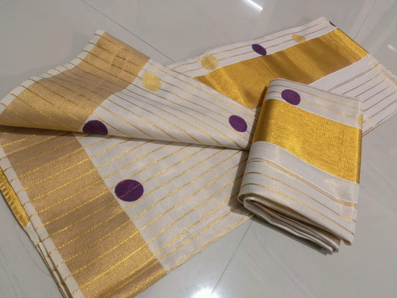 Purple  Polka  Beauty Golden Tissue Settumundu for Women-SAHE001PPD