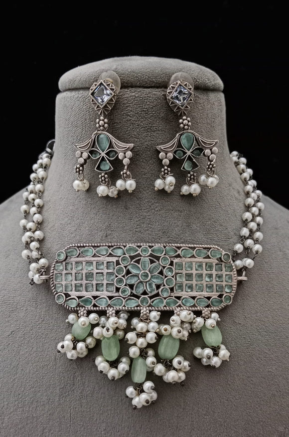 Harini  , Pastel Green   stones German silver Choker Necklace set for women-SANDY001PG