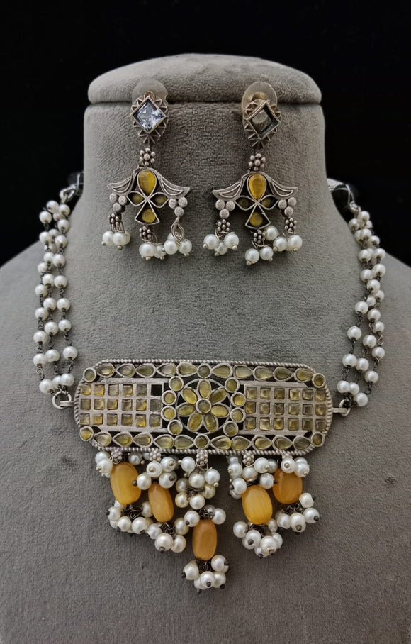 Peethavarna , Golden Yellow  stones German silver Choker Necklace set for women-SANDY001GY