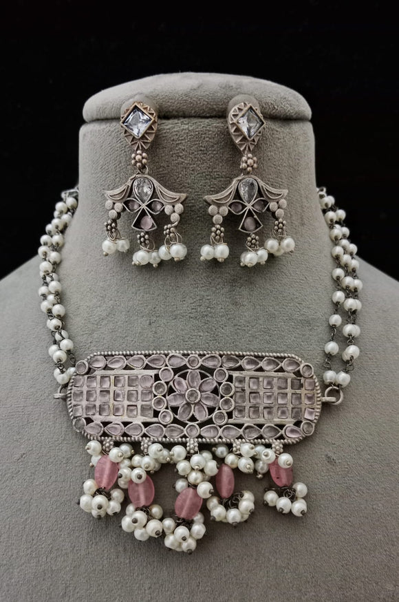 Pushyapa , Pastel Pink stones German silver Choker Necklace set for women-SANDY001PP