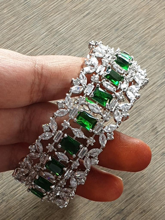 Vimala , Emerald Green Zircone diamond openable bangles in Silver  finish -SANDY001EGS