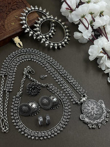 Jahanaraa  , Oxidised Silver Finish Double Necklace Full combo set -SANDY001DND