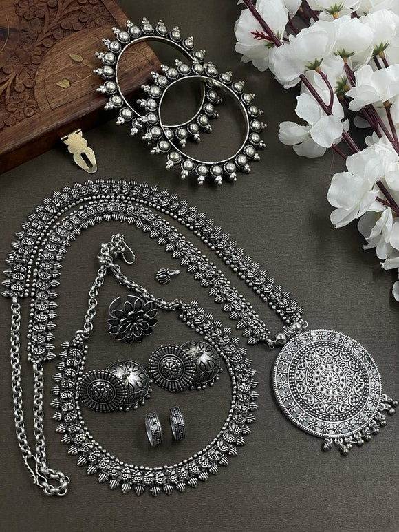 Mrig nayani  , Oxidised Silver Finish Double Necklace Full combo set -SANDY001DNB