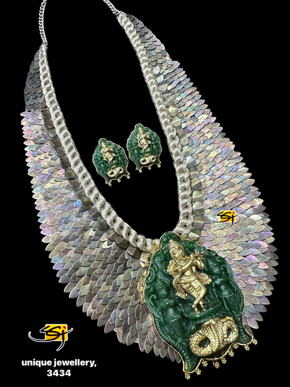 Sandilya , Designer Metal Feather Design Necklace Set with Green Carving stone Pendant-RADHE001FNS
