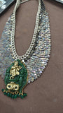 Sandilya , Designer Metal Feather Design Necklace Set with Green Carving stone Pendant-RADHE001FNS