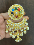 Chandbali , Gold Plated Ahmedabadi kundan Navratan pota chandelier earring with back clip support-SANDY001CEA