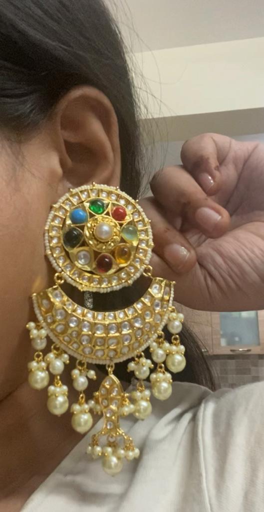 Chandbali Gold Plated Ahmedabadi kundan Navratan pota chandelier