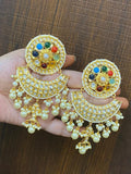 Chandbali , Gold Plated Ahmedabadi kundan Navratan pota chandelier earring with back clip support-SANDY001CEA