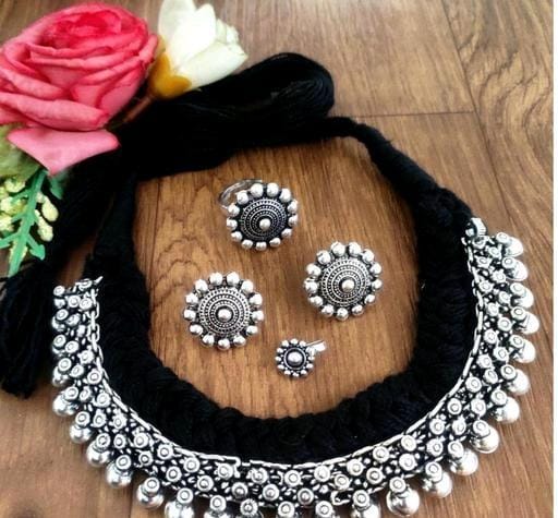 Navratri special Black  cotton thread handmade jewellery combo  for women -WANVI001BLT