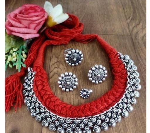 Navratri special Red  cotton thread handmade jewellery combo  for women -WANVI001RT
