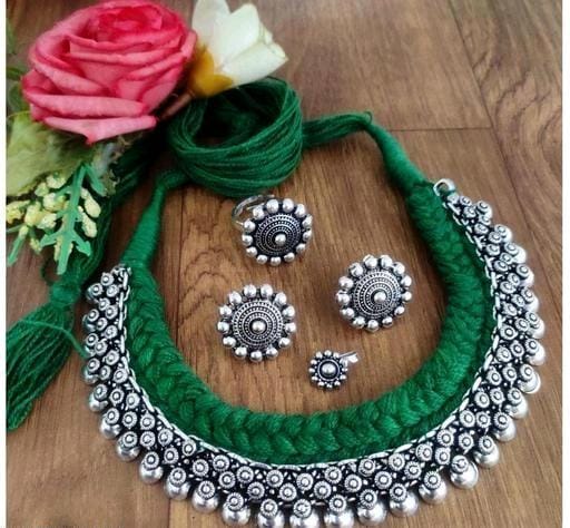 Navratri special Green  cotton thread handmade jewellery combo  for women -WANVI001GT