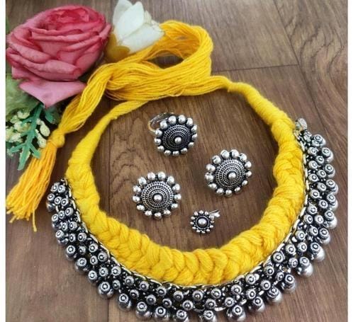 Navratri special Yellow cotton thread handmade jewellery collection for women -WANVI001YT
